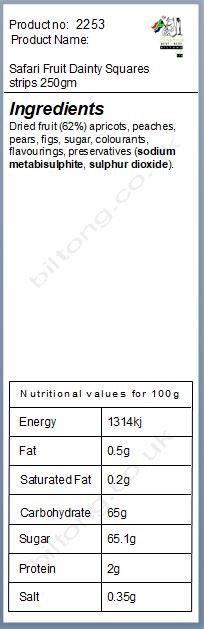 Nutritional information about Safari Fruit Dainty Squares strips 250gm