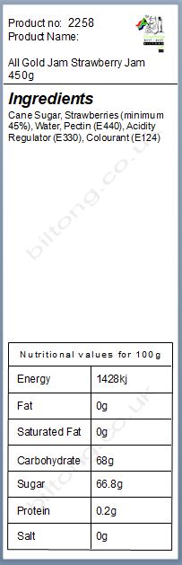 Nutritional information about All Gold Jam Strawberry Jam 450g