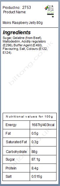 Nutritional information about Moirs Raspberry Jelly 80g