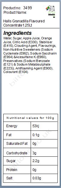 Nutritional information about Halls Granadilla Flavoured Concentrate1.25Lt