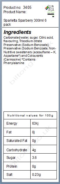 Nutritional information about 2 For 1 Sparletta Sparberry 300ml 6 pack