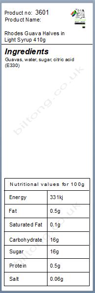 Nutritional information about Rhodes  Guava Halves in Light Syrup 410g