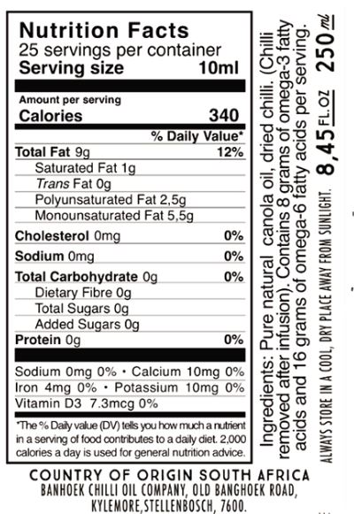 Nutritional information about Banhoek Chilli Oil 250ml