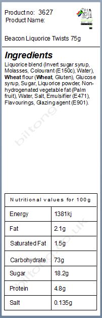 Nutritional information about Beacon Liquorice Twists 75g