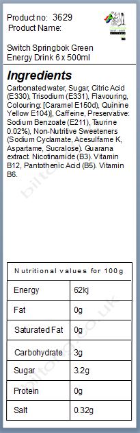 Nutritional information about Switch Springbok Green Energy Drink 6 x 500ml