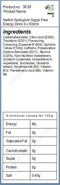 Nutritional information about Switch Springbok Sugar Free Energy Drink 6 x 500ml