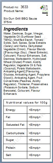 Nutritional information about Six Gun Grill Sauce 375ml