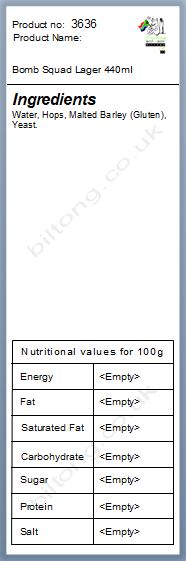 Nutritional information about Bomb Squad Draught Lager can 440ml