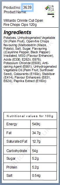 Nutritional information about Willards Crinkle Cut Open Fire Chops Cips 120g