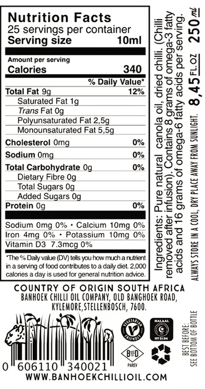 Nutritional information about Banhoek Garlic Chilli Oil 250ml