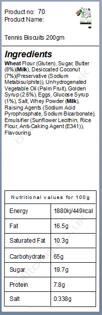 Nutritional information about Bakers Tennis Biscuits 200gm