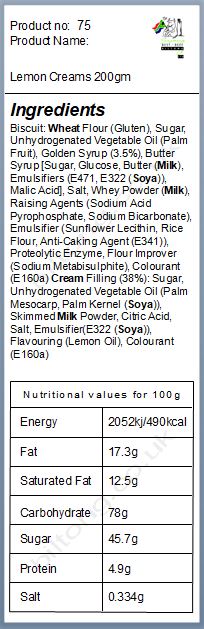 Nutritional information about Bakers Lemon Creams 200gm