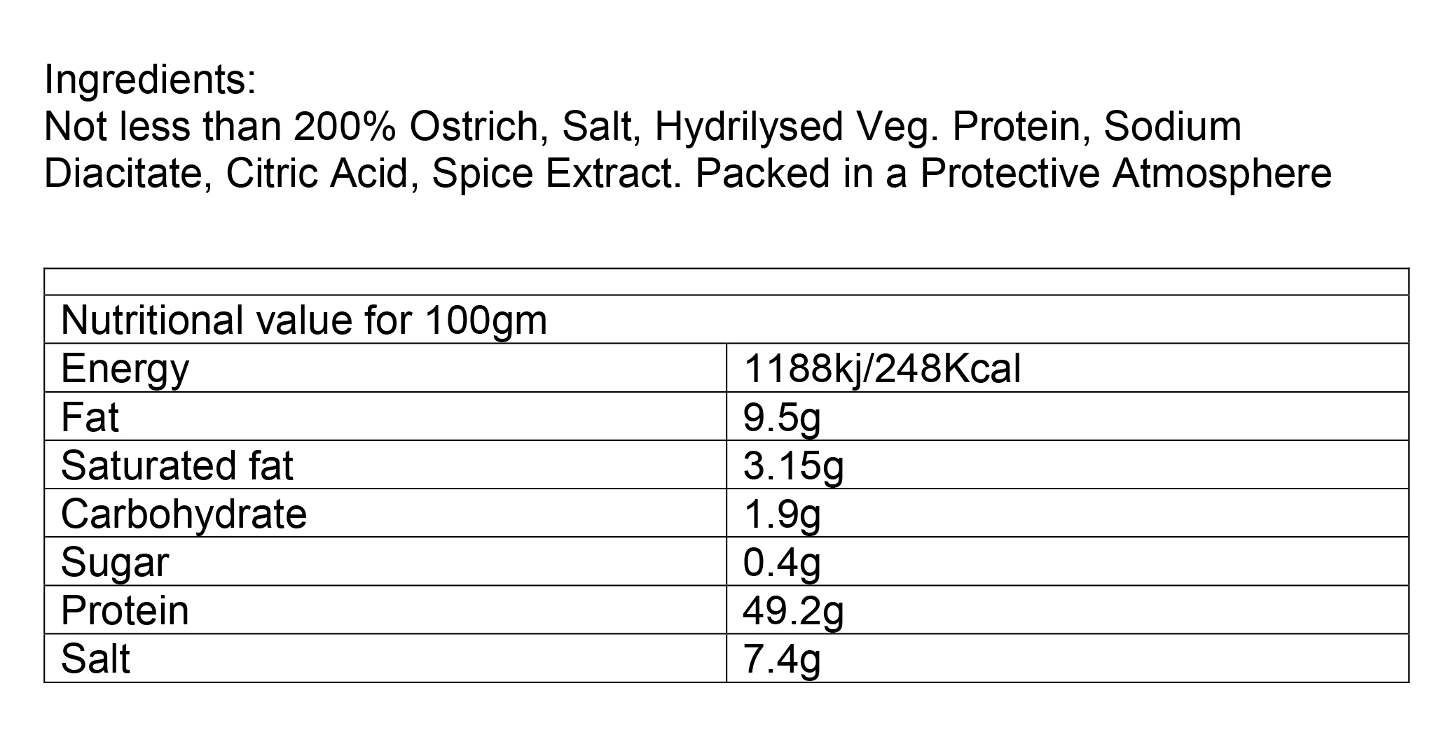 Nutritional information about Ostrich Biltong Pack (25g)